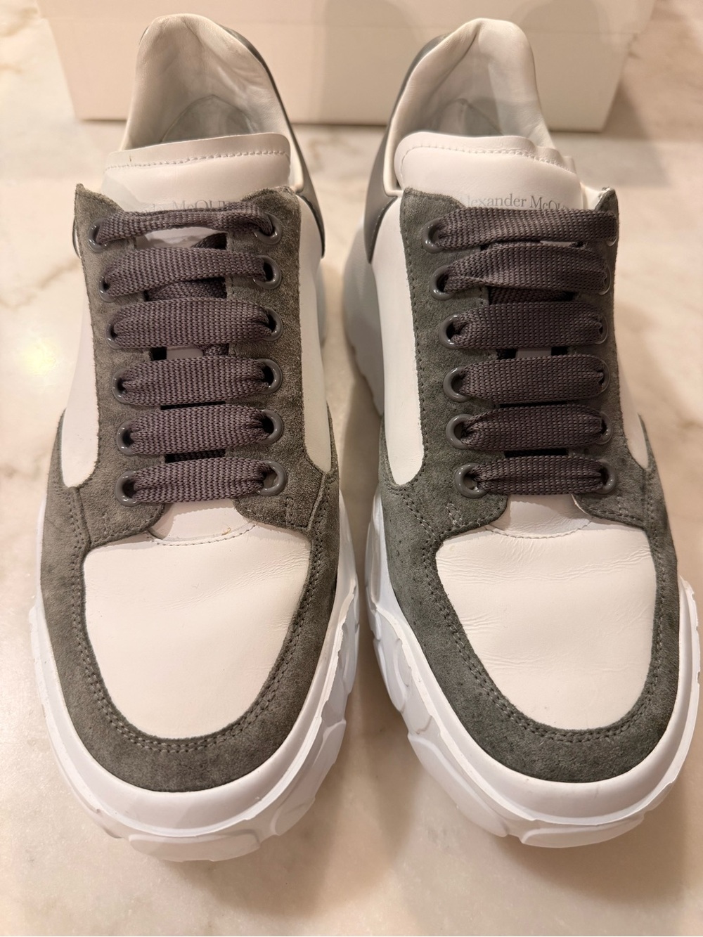 Alexander McQueen White and Gray Suede-Trim Leather Sneakers